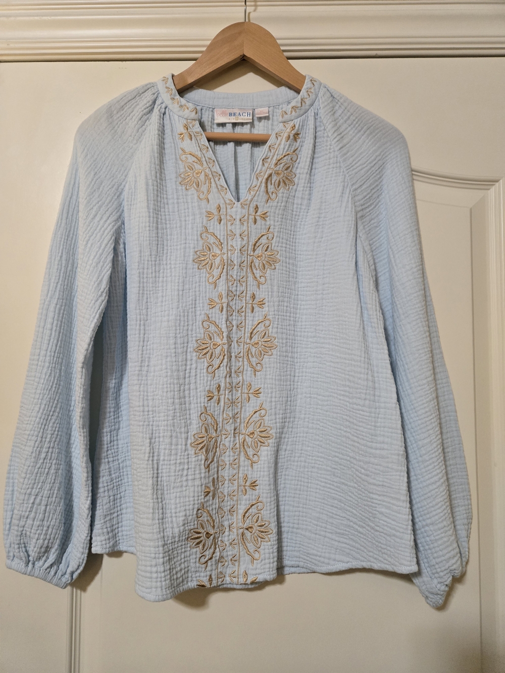 Belle Beach by Kim Gravel Light Blue Gauze Blouse with Gold Floral Embroidery